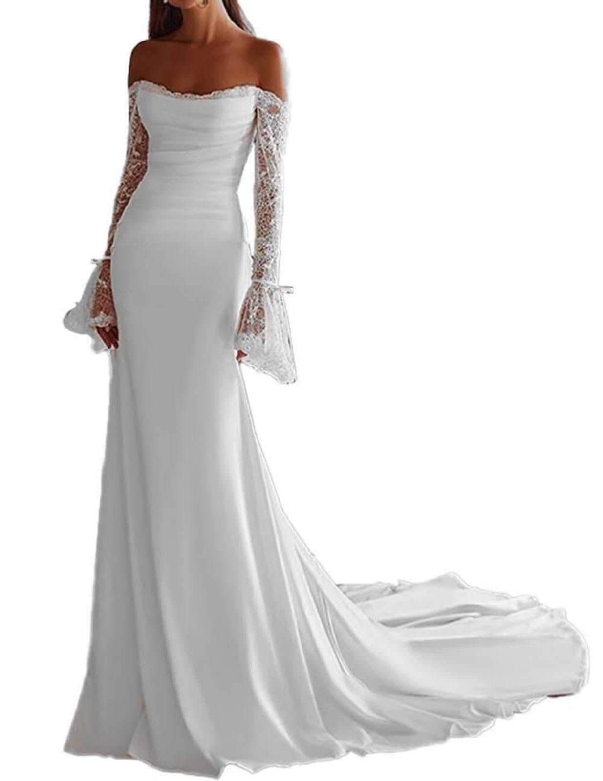 HUINI Hochzeitskleid für die Braut mit Spitzenapplikationen aus Satin Korsett Schulterfrei Meerjungfrau-Stil Brautkleid mit Schleppe