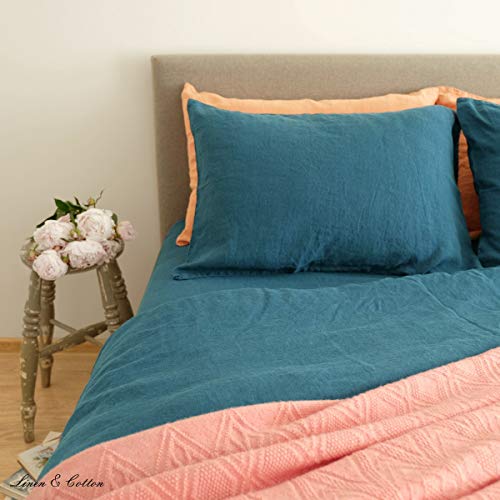 Image of Linen & Cotton Pillowcase ALICIA, 100% Stonewashed Linen - 50 x 70cm (Petrol Blue)