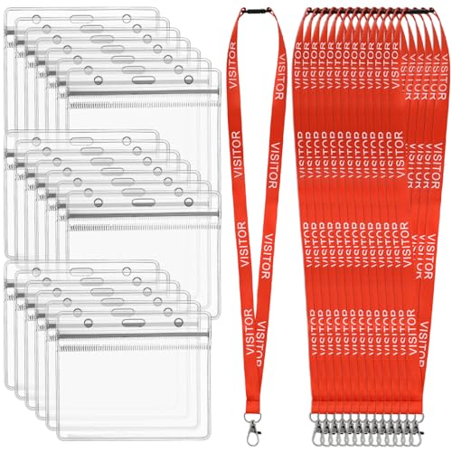 CENBEN 20PCS Red Visitor Lanyards with 20 Clear Name Badge Holders Waterproof Horizontal Card Holder ID Card Holders and Vsitor Neck Lanyard Quick-Release for Events Workplaces Volunteers