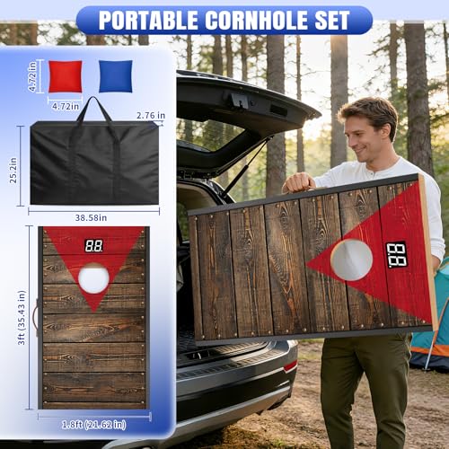 NZQXJXZ Ulepszony zestaw do gry Cornhole z automatycznym licznikiem punktacji, 90 x 55 cm Premium deski Cornhole z litego drewna z 8 workami fasoli i torbą transportową