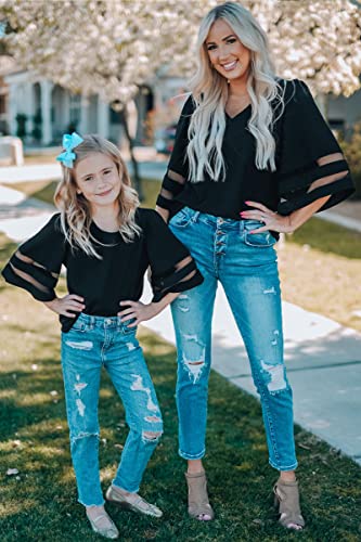 Luvamia Women's Casual V Neck Blouse 3/4 Bell Sleeve Mesh Panel Shirts Loose Tops Blouses Womens Boho Tops And Blouses Womens Tops Dressy Casual 3/4 Sleeve Women's Bell Sleeve Topsblack Size Xxlarge #TOP2