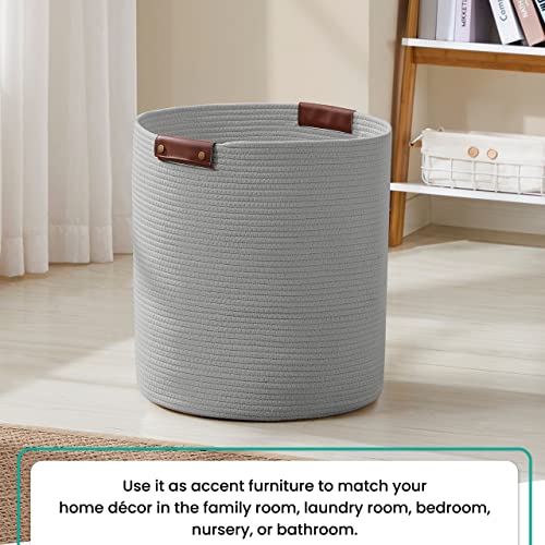Organizix Large Cotton Rope Laundry Hamper Woven Basket With Leather Handles, Storage Basket For Toys, Blanket, Throws, Pillows And Towels - 16 X 18, Gray #TOP2