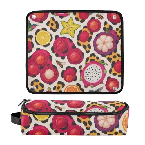 Organizador 2 en 1 para herramientas de cabello con almohadilla resistente al calor, accesorios de peinado removibles para planchas, rizadores, secadores, estuche de viaje con diseño estampado de fruta tropical y leopardo miniatura 3