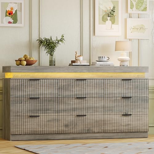 Image of 9 Drawer Dresser with LED Lights and Charging Station, 63 inch Wide Grey Wood Fluted Dresser for Bedroom, Modern Chest of Drawers for Closet Dresser TV Standt for Living Room, Entryway, Hallway