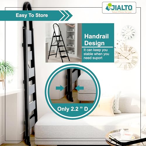 Image of Jialto Premium Matte Black 5 Step Ladder | Foldable Ladder for Home with Built-in Tool Tray | Secure Lock & Wide Rubber Feet | Heavy Duty Home Step Ladder (150kg Capacity)