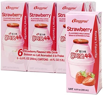 Binggrae Strawberry Flavored Milk Drink โ Sweet and Creamy Korean Beverage โ Shelf-Stable 6.8 fl oz Cartons โ Pack of 6