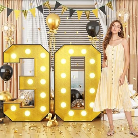 4FT Marquee 30 Numbers, Light Up Numbers 30 Mosaic Numbers Glitter Gold Black Light Up Letter Pre-Cut Foam Board Sign Marquee for 30thBirthday Party Decorations, Wedding, DIY Anniversaries Cover