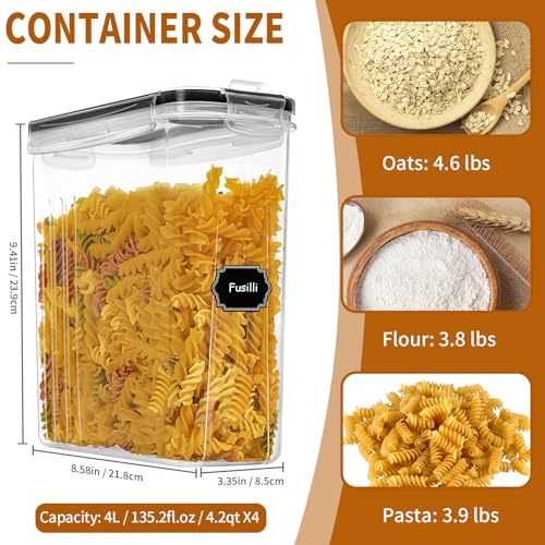 Cereal Containers Storage Set (4L / 135.2oz), 4PCS Airtight Food Storage Containers with Lids, Cereal Dispensers for Kitchen Pantry Organization and Storage with Pour Spout, 20 Labels, Marker by HKJ Chef - Image 2