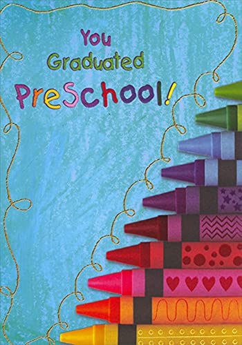 Designer Greetings Pyramid of Crayons on Blue Preschool Graduation Congratulations Card