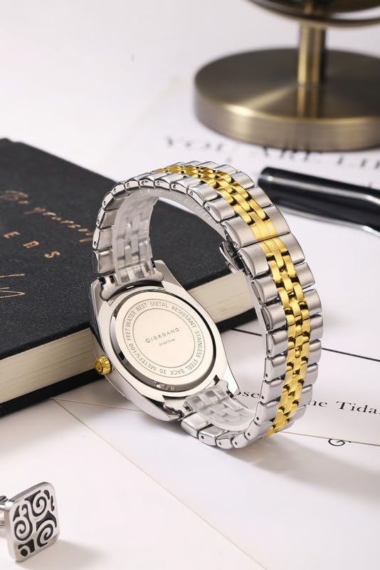 Image of Giordano Analog Watch for Men - Luxury Two-Tone Stainless Steel Strap, Gold Accents, Crystal Hour Markers, Fluted Bezel, and Day-Date Display