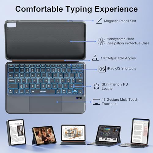 Image of WIWU for iPad Case with Keyboard Air 11 Inch M4 2026 A16 10th Gen Magnetic Detachable Keyboard Case Adjustable Stand Backlit Keys Touchpad (Grey, for iPad 11 /10 /Air 5 /4 /11 inch(M2 /M3 /M4) Pro 11 inch 4 /3 /2 /1)