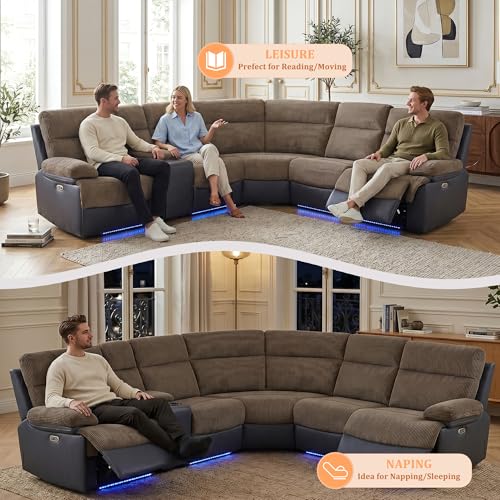 Image of Power Recliner Sectional Sofa, L-Shaped Living Room Furniture Set, Reclining Sectional Couch with Storage Console /Cup Holder for Living Room /House /Apt (Brown & Grey, 5 Seater)