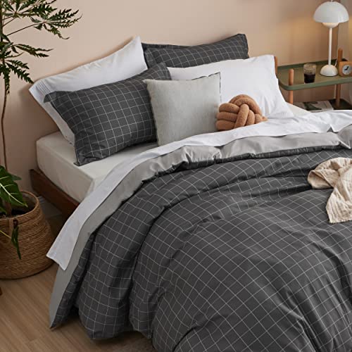 Image of Bedsure Duvet Cover Twin Size - Reversible Plaid Duvet Cover Set with Zipper Closure, 2 Pieces Dark Grey Bedding Set with 8 Corner Ties and 1 Pillow Sham 20 inchx26 inch