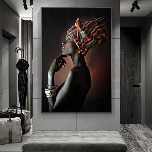 Arte africano en lienzos para pared de chica negra y joyas, cuadro salon 80x125 cm sin marco