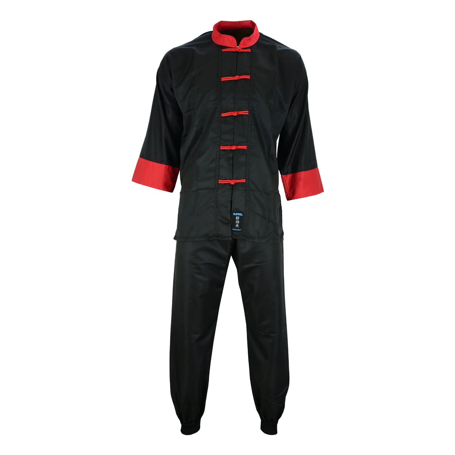 Playwell Uniforme de seda Kung Fu de manga corta de competición - Negro/Rojo - NUEVO (150cm)