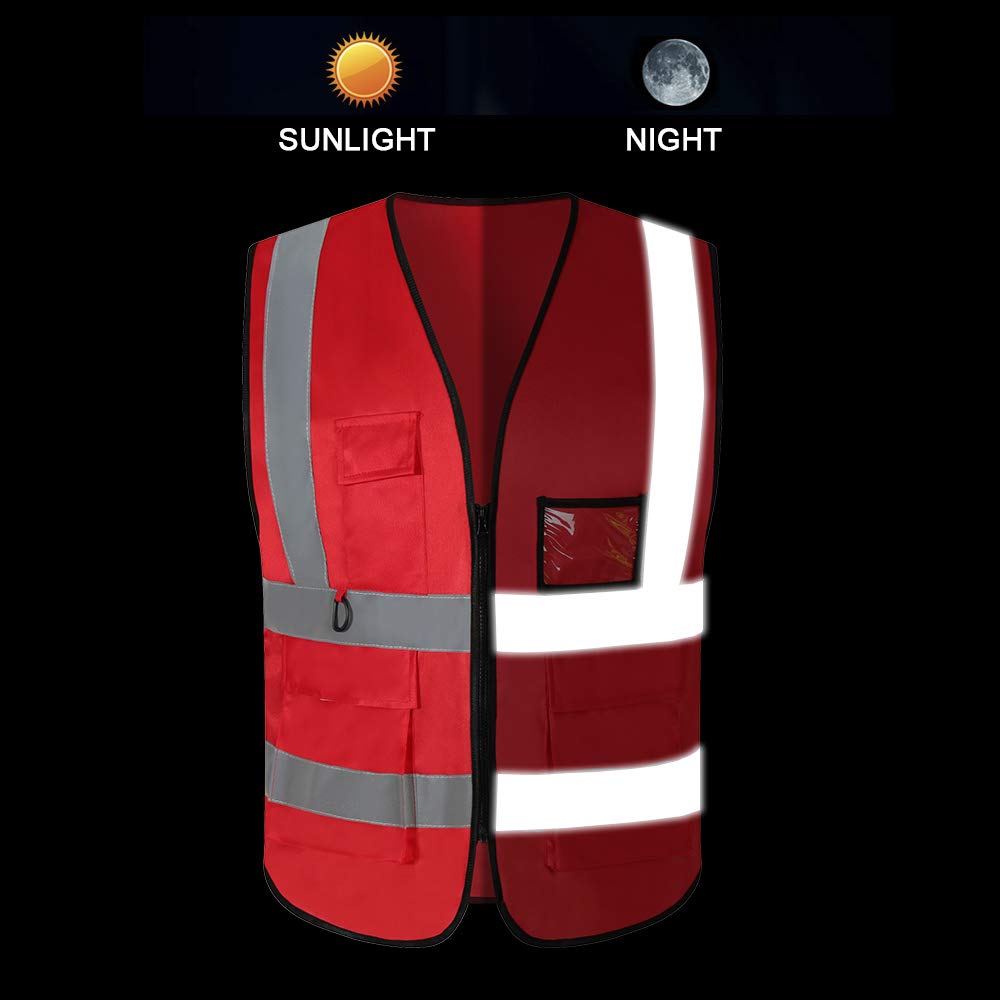 Paquete de 5 chalecos reflectantes de seguridad para mujeres y hombres, chaleco reflectante de alta visibilidad con 5 bolsillos rojo neón, Red, Talla única