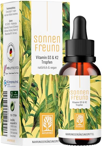 NATURTREU® Vitamin D3 K2 Tropfen hochdosiert & vegan - 100% pflanzlich (ohne tierisches Lanolin) - Vitamin D + Vitamin K2 - Sonnenfreund