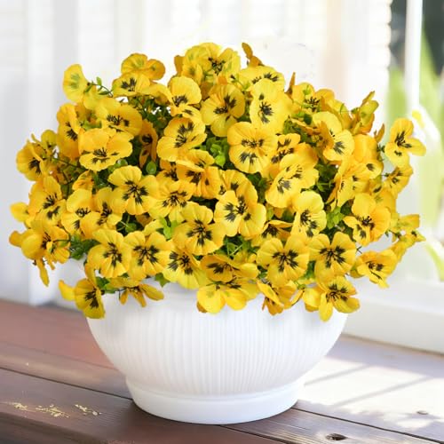 SupBri 12 Bundles Artificial Flowers for Outdoor, UV Resistant Fake Pansy Flowers, Silk Faux Fowers for Outdoor Planters Home Garden Office Patio Front (Yellow)