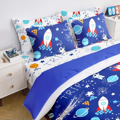 Yasida 7-teiliges Jungen-Bettwäsche-Set, volle Größe, Kinder-Bettwäsche, Cartoon-Rakete, Astronaut, Junge, komplettes Bettlaken-Set, Kinderbett in einer Tasche, Raum-Thema, Schlafzimmerdekoration