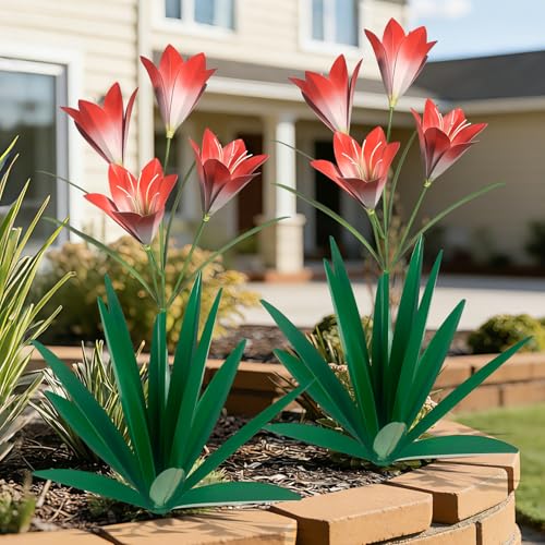Image of TOMBABY 32.28 Inch Metal Agave Plant Outdoor Decoration Lily Mexican Yard Art Garden Gift Home Decor Hand Painted Metal Agave Garden Yard Statue (2pc, Green)