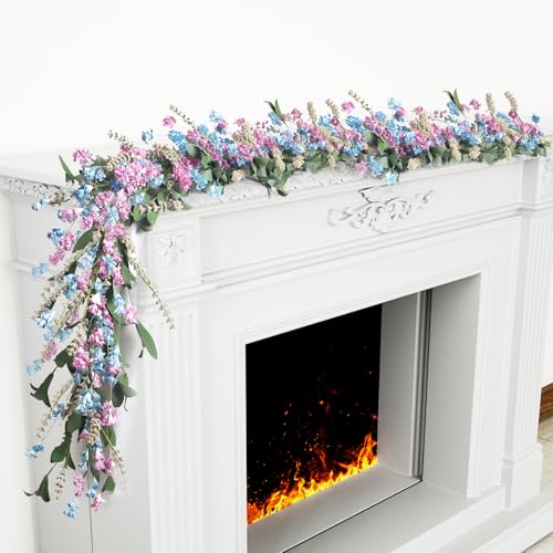 Lokeisna 2 pcs Spring Paper Garland：6 Ft Paper Garland,Blue and Pink Spring Garlands with Paper and Fabric Flower,EVA Leaves,Flower Spike,All Seasons Garlands for Front Door,Living Room,Wedding
