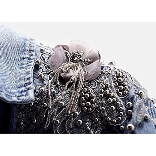 Wpyyi Women Wash Long Sleeve Beaded Embroidered Floral Slim Fit Short Denim Jackets Casual Jean Jacket Denim Coat (Color : Blue, Size : L Code) #TOP5