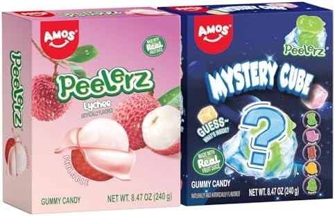 AMOS Peelerz Lychee Gummy Candy & Peelerz Mystery Cube, Peelable Fruit-Shaped Candy, 8.47oz Box with 10 Individual Packs – Fun Peeling Gummy Snack Made with Real Juice (2-Box Bundle)