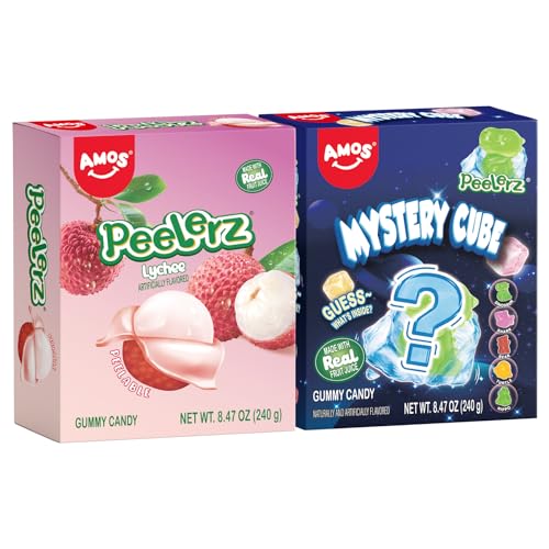 AMOS Peelerz Lychee Gummy Candy & Peelerz Mystery Cube, Peelable Fruit-Shaped Candy, 8.47oz Box with 10 Individual Packs – Fun Peeling Gummy Snack Made with Real Juice (2-Box Bundle)