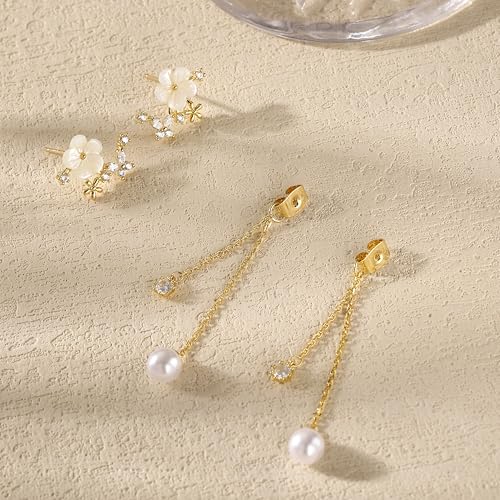 Dangle Pearl Drop Earrings For Women Trendy Long Threader Chain Dainty Flower Wedding Earrings For Brides CZ Cute 14K Gold Statement Sparkly Jewelry4