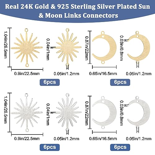 Beebeecraft 1 Box 24Pcs 4 Style Sun Moon Links Charms 24K Gold 925 Sterling Silver Plated Crescent Connectors Charms for Jewelry Making Necklace Bracelet DIY Crafts - Image 2
