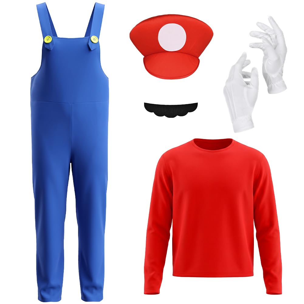 BSBUY Adult Super Plumber Costumes 5 Pack Brothers Workman Cosplay Costume Kits with T-shirt Overalls Hats Cap Mustaches Gloves 1980s Videogame Bros Fancy Dress Outfit for Halloween Carnival(Red)