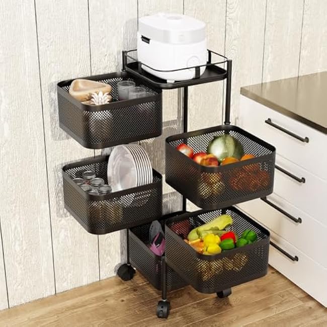 Kitchen Storage Trolley,5 Tier Rotating Storage Rack for Kitchen,Rotating Basket Large Storage Rack with Wheels,Vegetable and Fruit Metal Wire Shelf Rack with Top Lid for Living Room Black-LZqqH23M