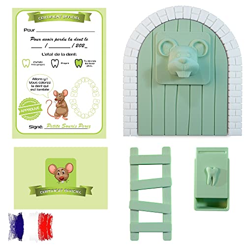 Myfuturshop® Topolino Perez Porta Magica, Scatola per Dente, Scala, 4 certificati di Dente Pulito. Regalo originale per ragazzo e ragazza. VERSIONE FRANCESE (VERDE)