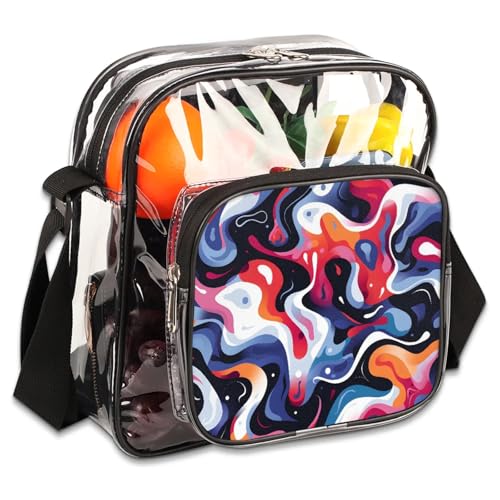 Clear Crossbody Bag Stadium Approved Fluid Geometrical Transparent Bag for Festivals, Sports Events, Concerts,Beach Bag for Women Men Clear Purse with Front Pocket Messenger Bag with Adjustable Strap