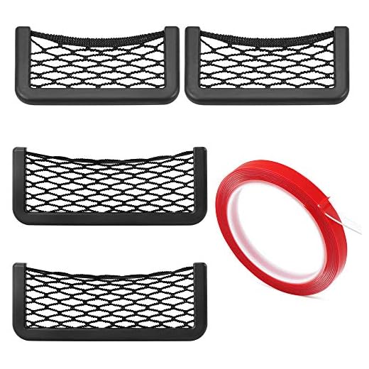 Chompoo Car Storage Net Bag, 4 Pack Stretchable Mesh Net, Universal String Bag Car Seat Side Back Stick-on for Purse Phone Holder Pocket Organizer with Double Sided Tape Gift