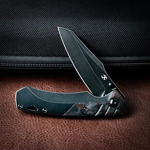 KANSEPT Weim Pocket Knife - Black Stonewashed CPM S35VN, Red Carbon Fiber Handle