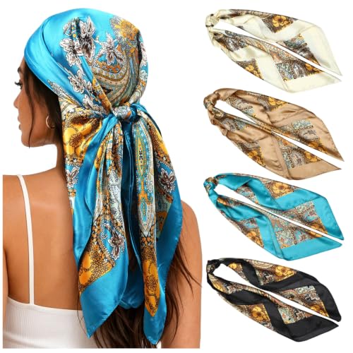 Awaytr 35” Satin Large Square Head Scarves - 4PCS Silk Like Neck Scarf Hair Sleeping Wraps Lightweight Satin Silk Scarfs for Women, Cashew(black/Blue/Camel/Beige), Large