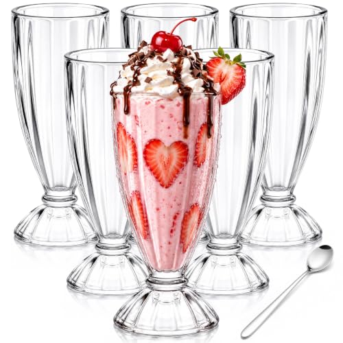 Cedilis Set of 6 Classic Milkshake Glasses, 12oz Sundae Cups with Spoons