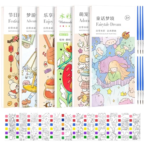 KAYSENSUK 6 Pcs Pocket Magic Water Coloring Book,Magic Painting Book with Paints&6 Pieces Water Pen,Water Colouring Books for Children Stocking Fillers for 5 6 7 8 Year Old Boys Girls Gifts