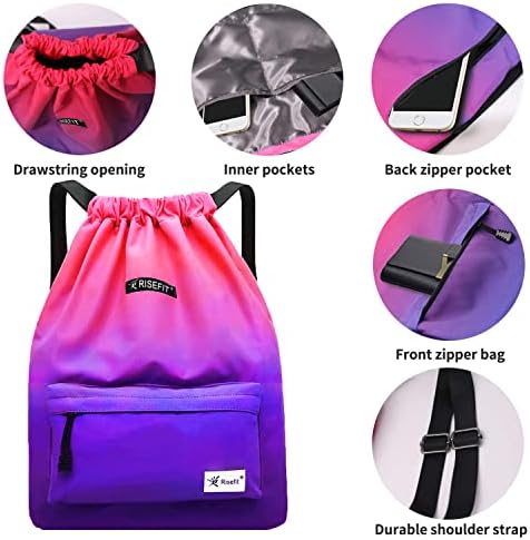 Risefit Drawstring Gym Bag Swim Bag School PE Kit Bags Waterproof Gym Backpack Beach Bags with Wide Straps Children Adults