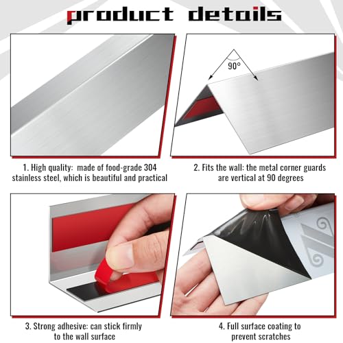 Image of Therwen 5 Pcs 1.5 x 1.5 x 48 Inches 304 Stainless Steel Corner Guards Metal Wall Guard Protector Corner Trim Molding for Door Countertop Furniture Cabinet Protection