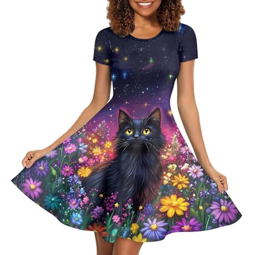 Image of HUGS IDEA Womens Puffy Swing Midi Dress Round Neck Short Sleeve Party A-Line Dresses