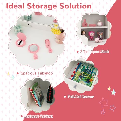 Image of HONEY JOY Kids Vanity with Lights, Little Girls Vanity Set with Mirror and Stool and Lights, Wooden Princess Makeup Dressing Table, Storage Cabinet, Pretend Play Kids Vanity Table and Chair Set(White)