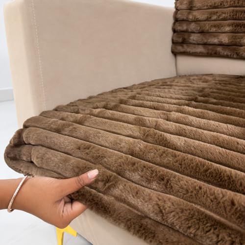 Image of Homerz Premium Rabbit Fur Sofa Cover with Anti-Skid Backing, Soft Plush Fabric Sofa Protector for Living Room Furniture (Brown, 1 Seater, Seat Cover with Backrest)