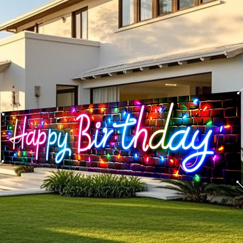 Image of Nuxovilar Happy Birthday Neon Yard Banner 78.7x17.7 Polyester | Neon Banner, Birthday Poster, Yard Wall Sign, Brick Backdrop. Suitable for Outdoor, Lawn, Patio. (Neon Light)