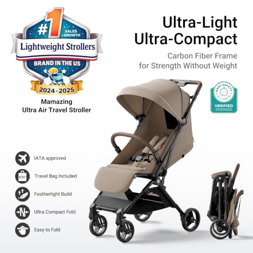 Image of Mamazing Ultra Air Lightweight Baby Travel Stroller with Carbon Fiber Frame | Compact & Airplane-Friendly, One-Handed Fold, 11.6 lbs, UPF50+ Canopy, Under-Seat Basket, Organizer & Cushion Included, Khaki