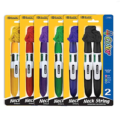 BAZIC Bullet 4-Color Neck String Pen, Assorted, 2 Per Pack