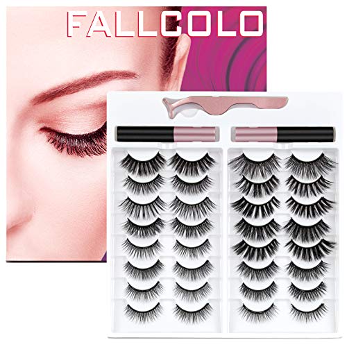 Magnetic Eyelashes with eyeliner Kit, FALLCOLO 16 pairs Reusable False Eyelashes Magnetic Lashes Pack and Eyeliner 3D 6D 8D Natural Look Soft and Comfortable, with Free Tweezer