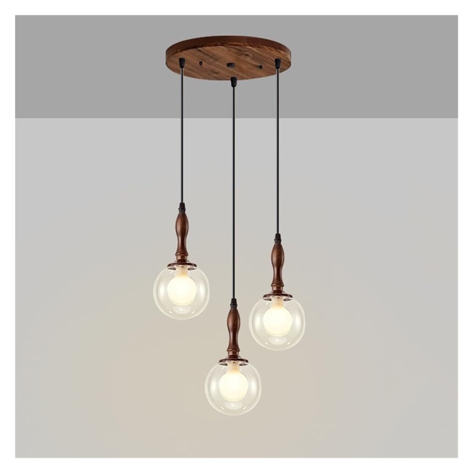 KHUKHU Globe Pendant Light Fixture Mid Century Milk Glass Pendant Light Kitchen Island Moon Hanging Lamp Vintage Farmhouse Wood Chandelier for Dining Room Bedroom Stairwell(Glass Globe 3 Light)
