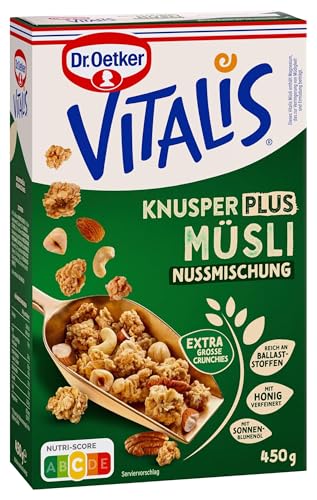 Dr. Oetker Vitalis KnusperPlus Nussmischung 6er Pack Knuspermüsli Frühstücks-Müsli mit Cashewkernen Mandelstückchen gerösteten Haselnüssen und Pekanüssen (6 x 450g)